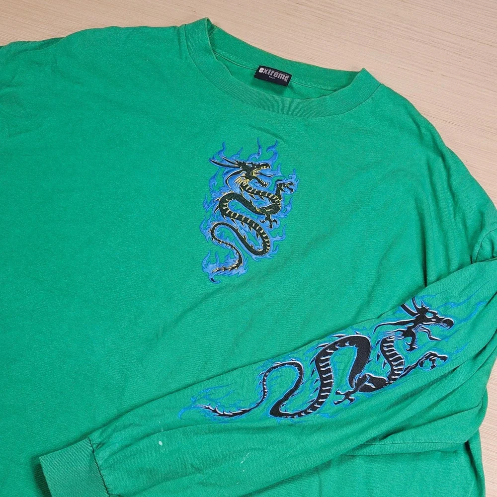 Extreme Limit Long Sleeve Shirt Mens XL Green Dragon Blue Flame Graphic Y2K